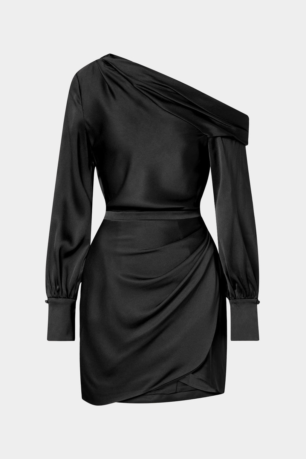 שמלת מיני עם צווארון א-סימטרי ושרוולים ארוכים של סאטן 