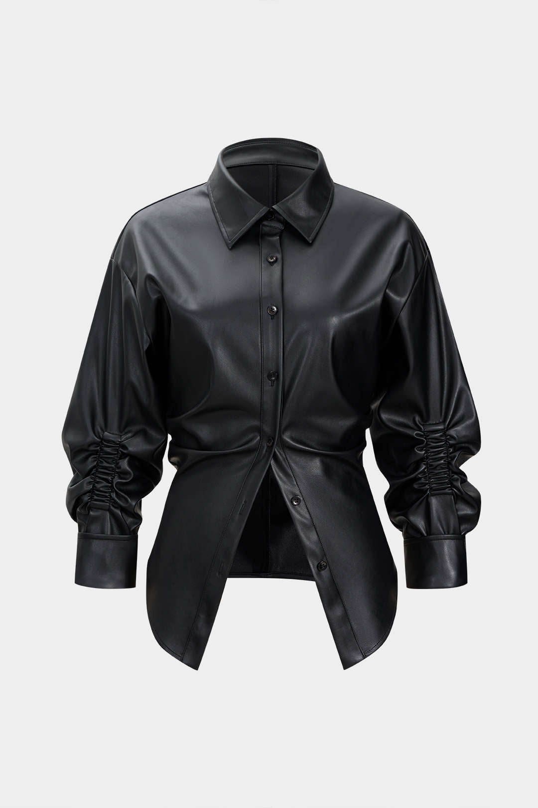 Faux Leather Ruched Button Asymmetrical Shirt