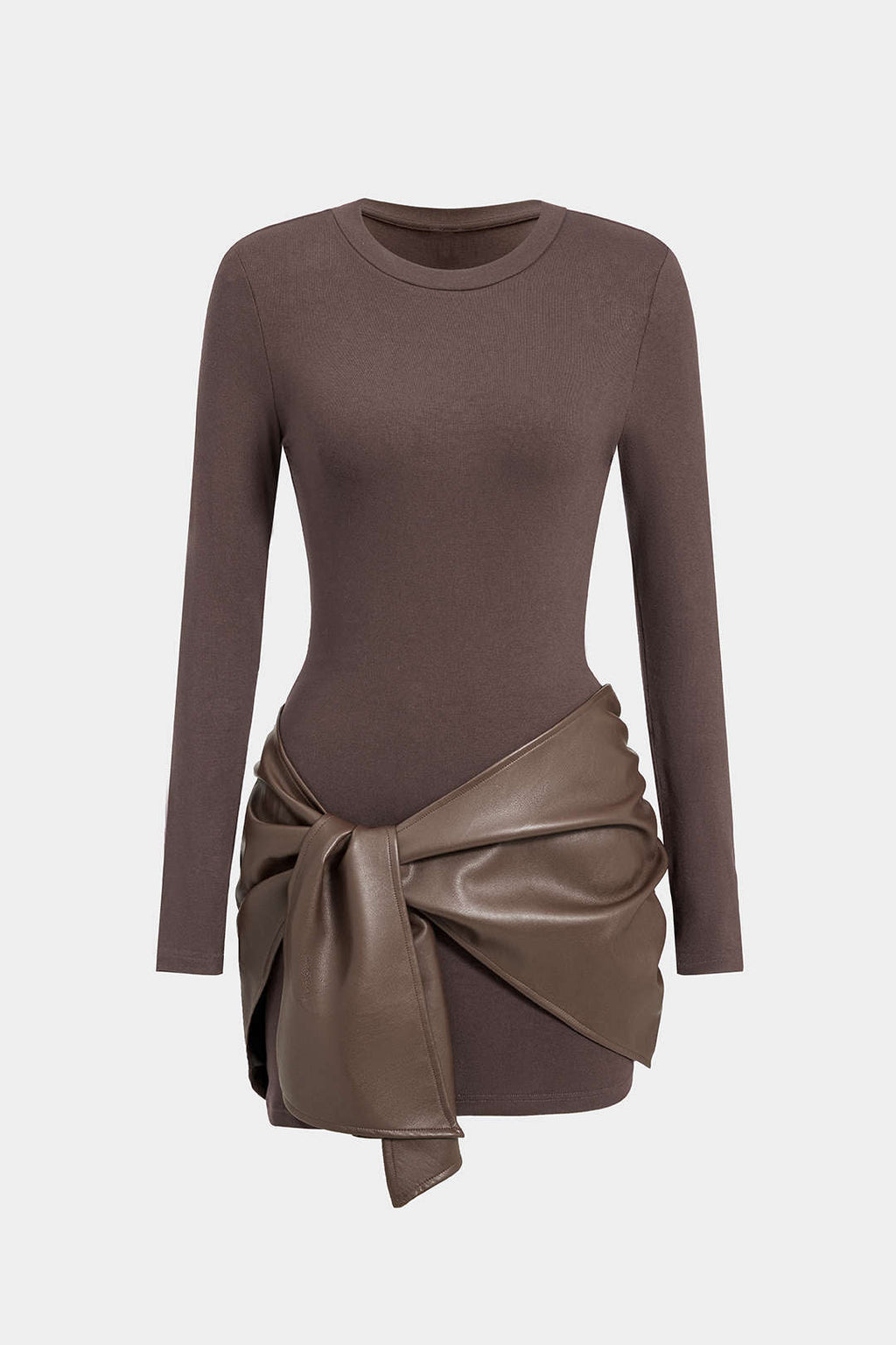 שמלת מיני עם צווארון עגול וקשירה דמוית עור עם טלאים מקדימה 