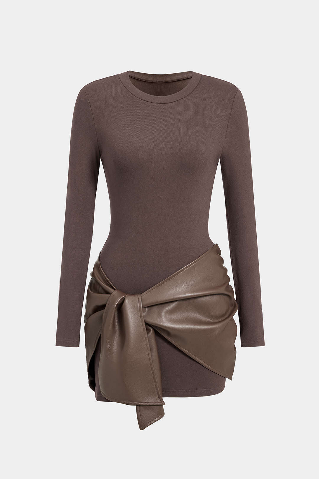 שמלת מיני עם צווארון עגול וקשירה דמוית עור עם טלאים מקדימה 