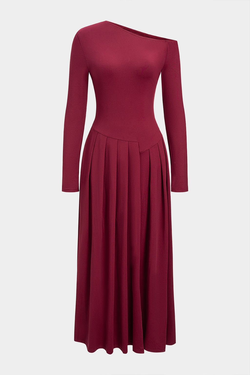 Asymmetrical Shoulder Pleated Long Sleeve Maxi Dress