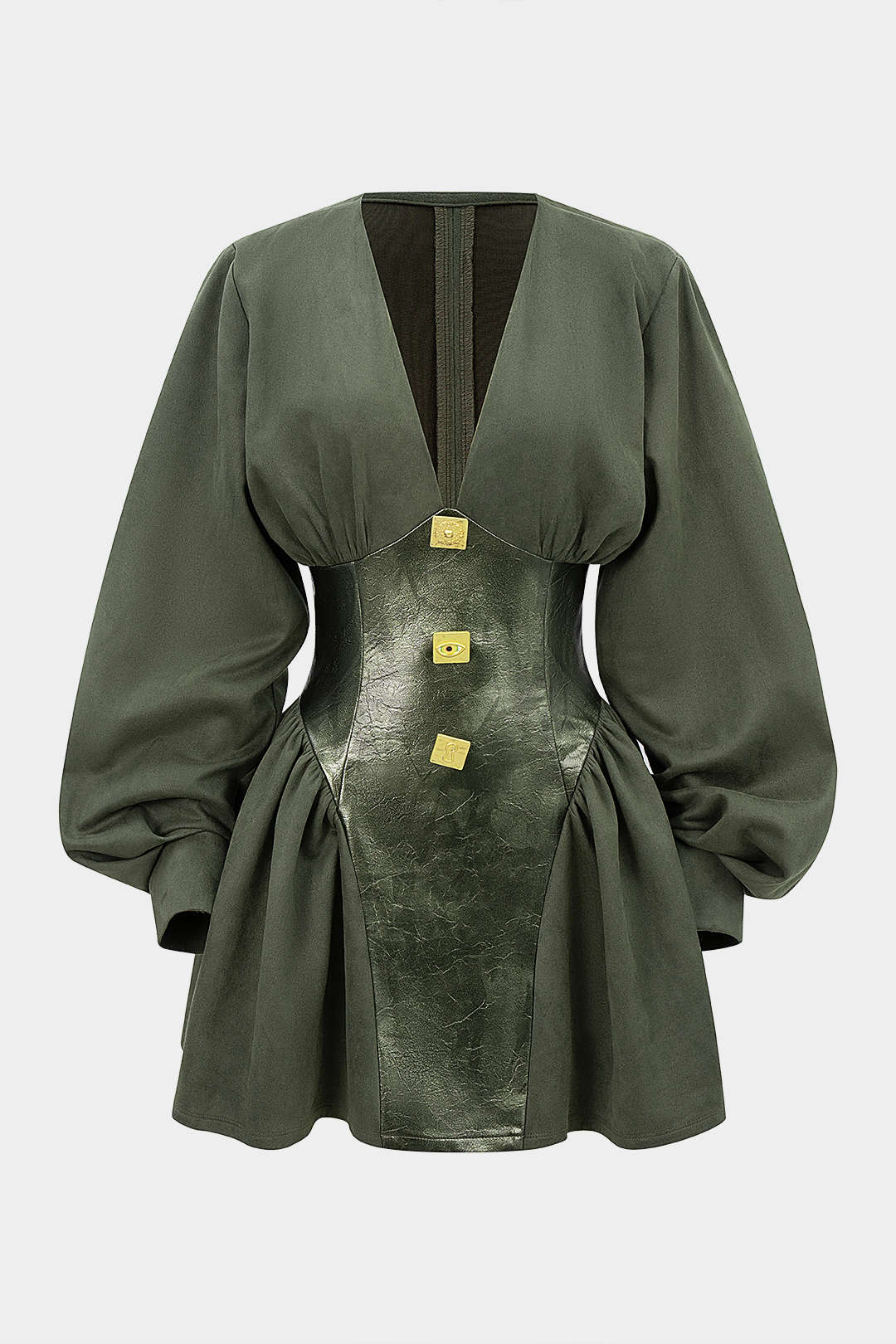 Faux Leather Patchwork Metallic Button Ruched Long Sleeve Mini Dress