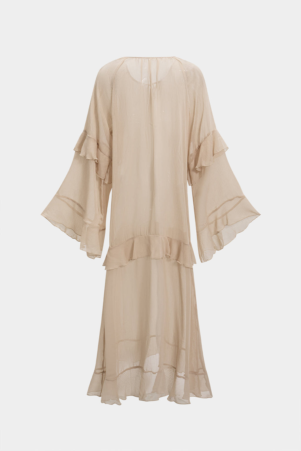 Mesh Sheer Tie-Up Ruffle Long Sleeve Maxi Dress