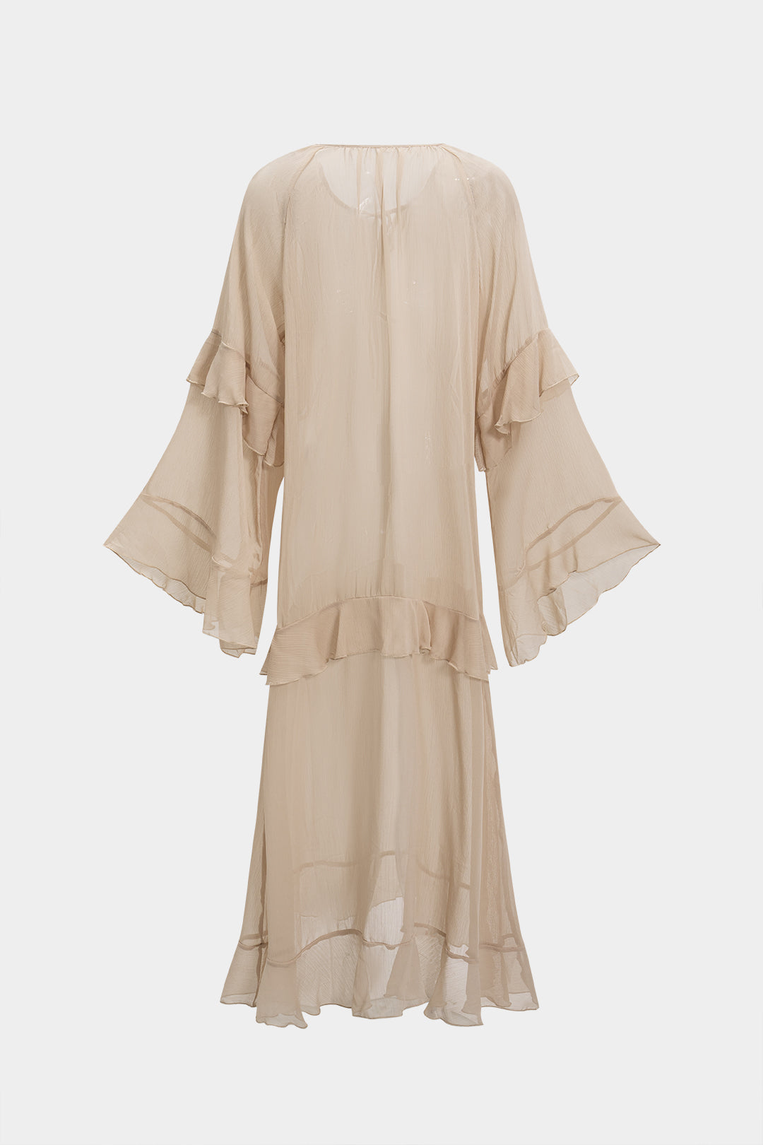 Mesh Sheer Tie-Up Ruffle Long Sleeve Maxi Dress