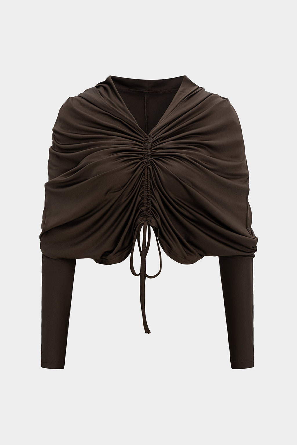Ruched Drawstring Hooded Long-Sleeve Top