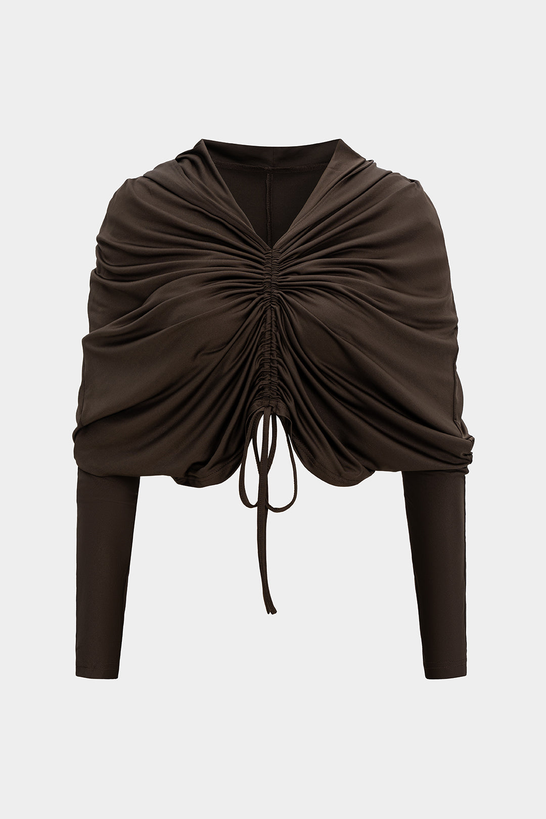 Ruched Drawstring Hooded Long-Sleeve Top
