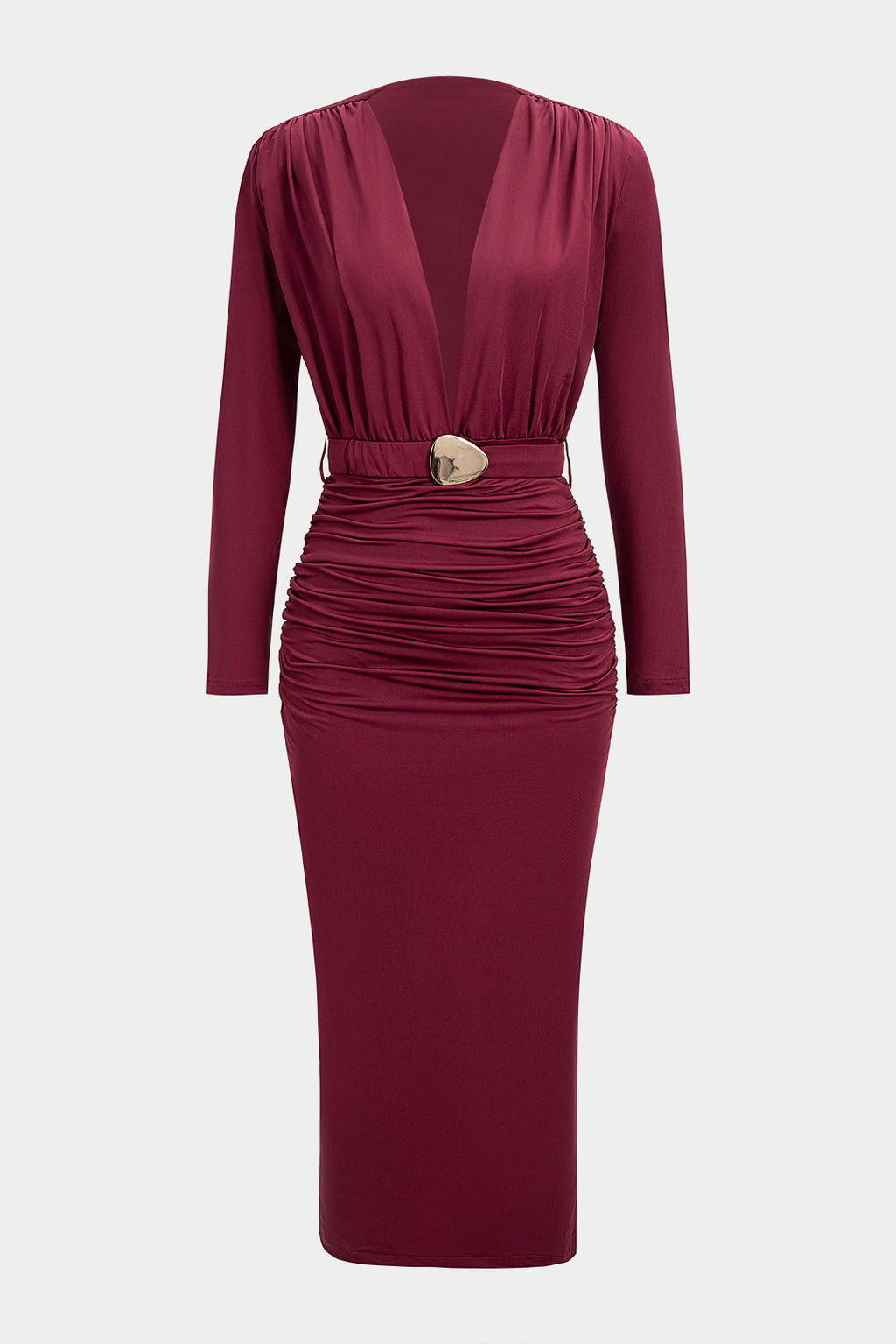 Deep V-Neck Ruched Long Sleeve Maxi Dress