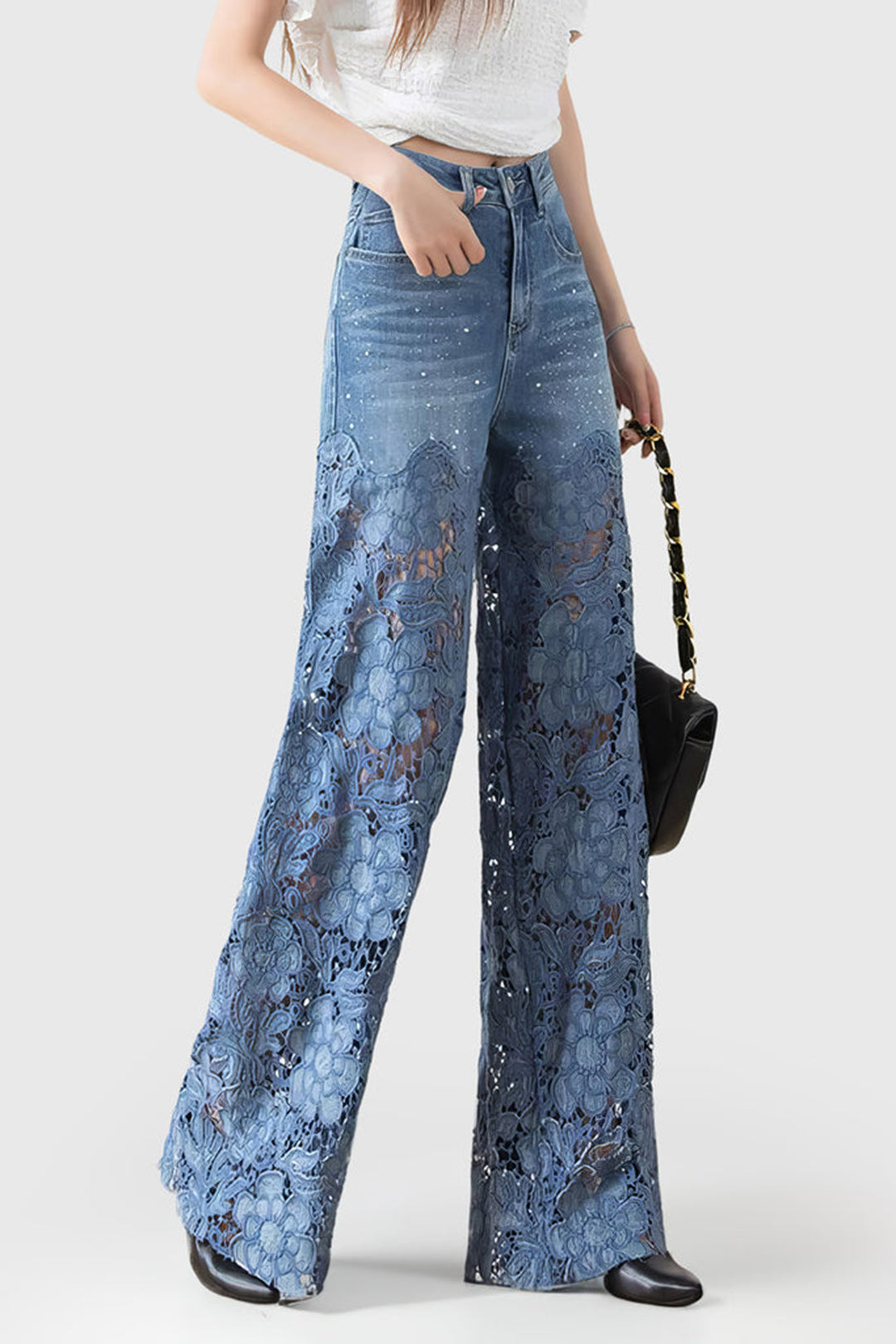 Vaqueros Denim Anchos Con Encaje Desgastados Para Mujer