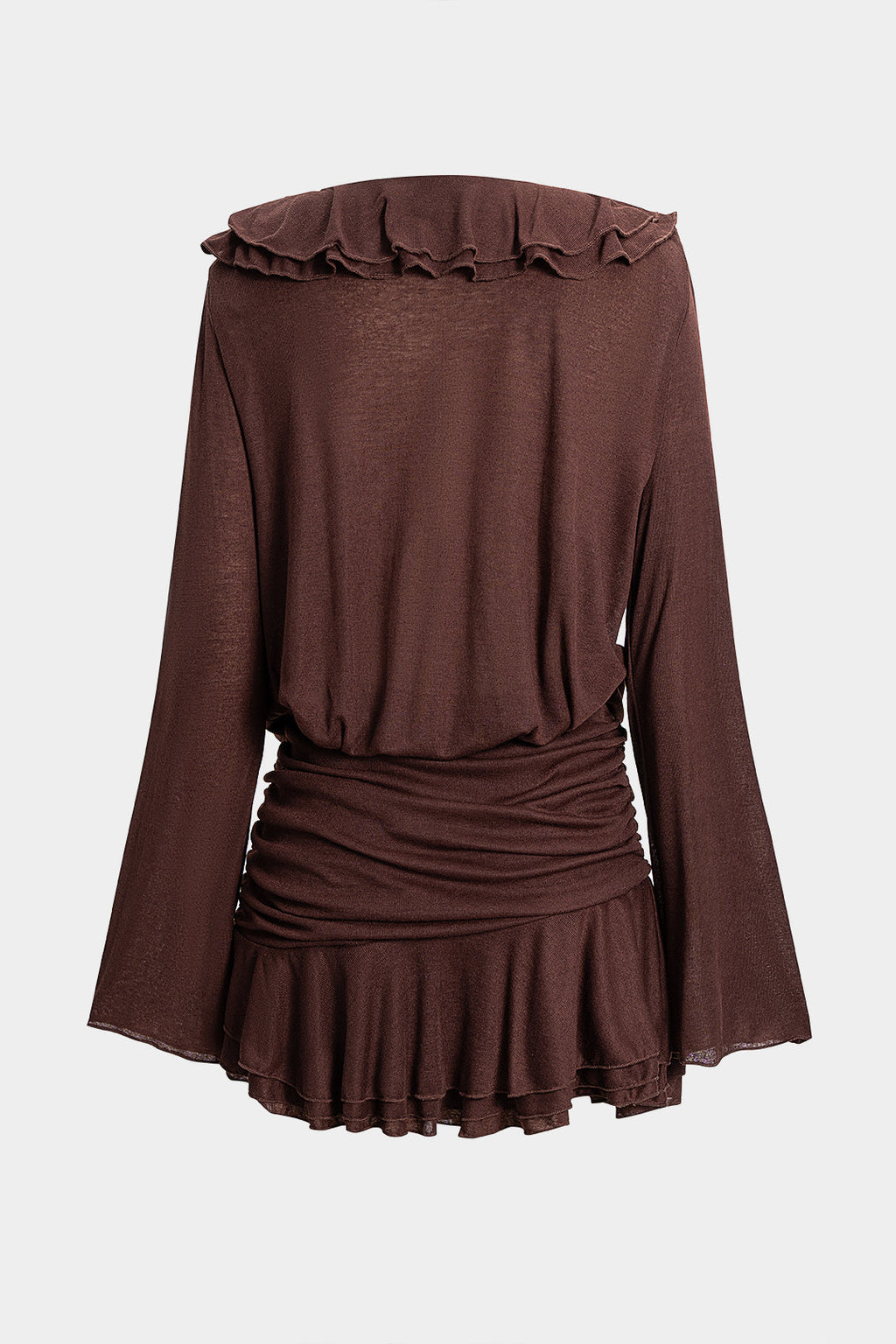 Solid Ruffel Ruched V-Neck Long Sleeve Mini Dress