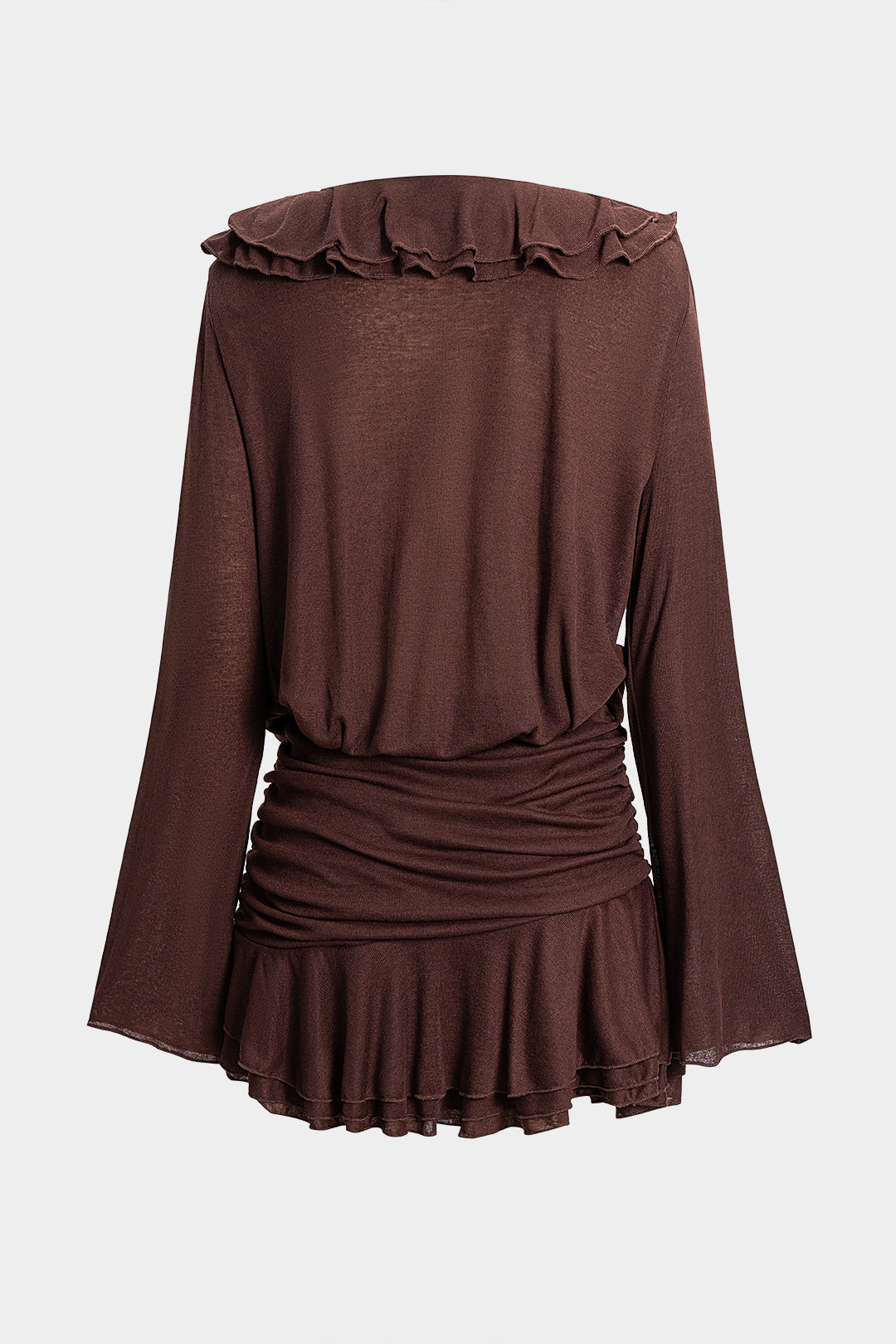 Solid Ruffel Ruched V-Neck Long Sleeve Mini Dress