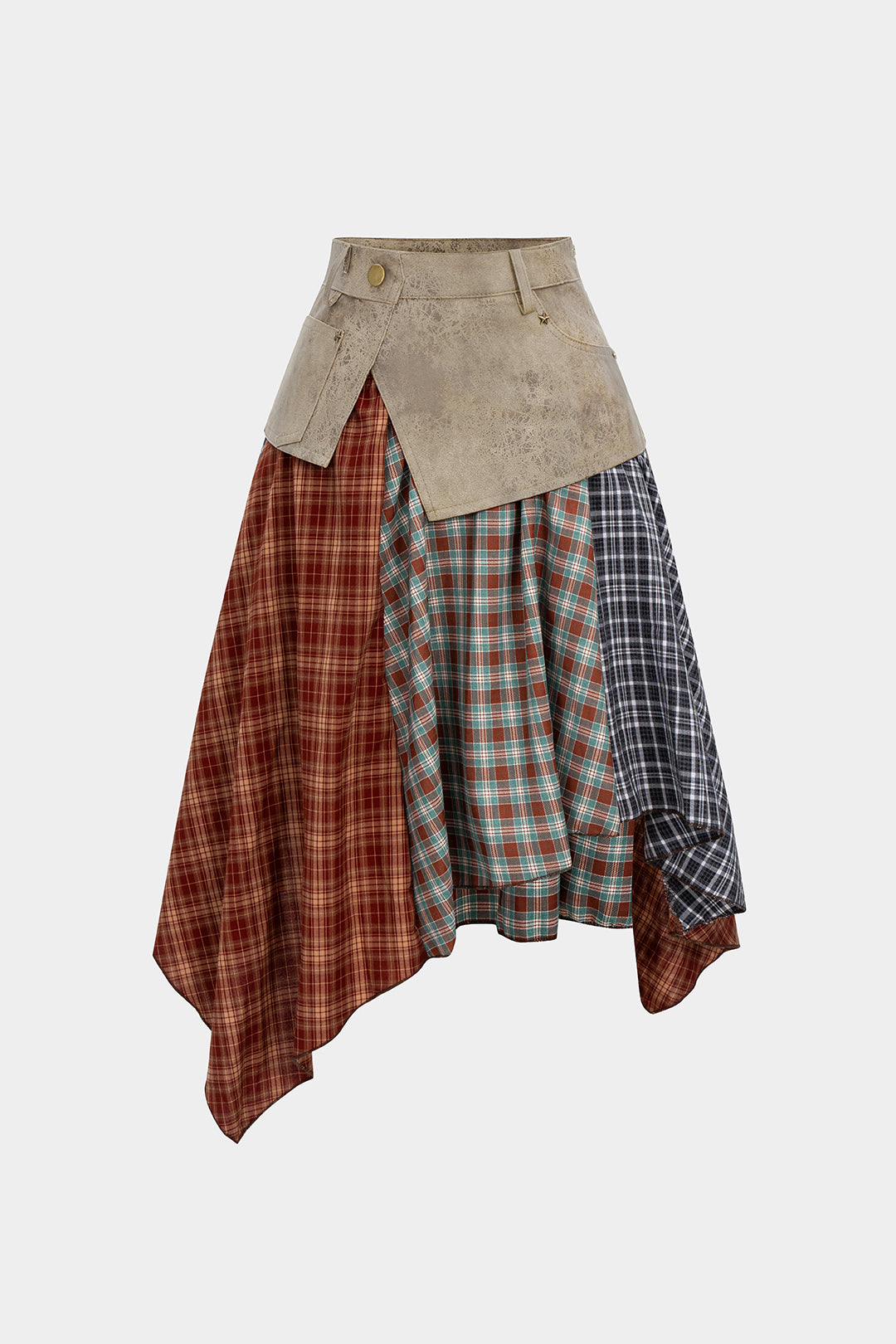 חצאית דמוית עור עם הדפס ניגודי משובץ וטלאים, מכפלת לא סדירה 