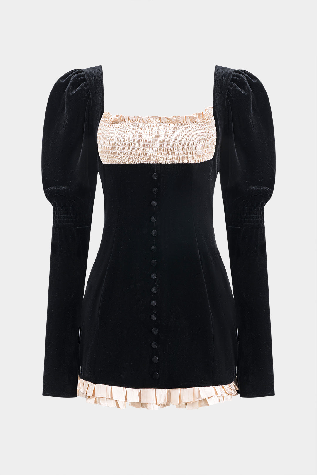 שמלת מיני עם שרוולים ארוכים ורוכסן עם כפתורים וטלאים מקטיפה 