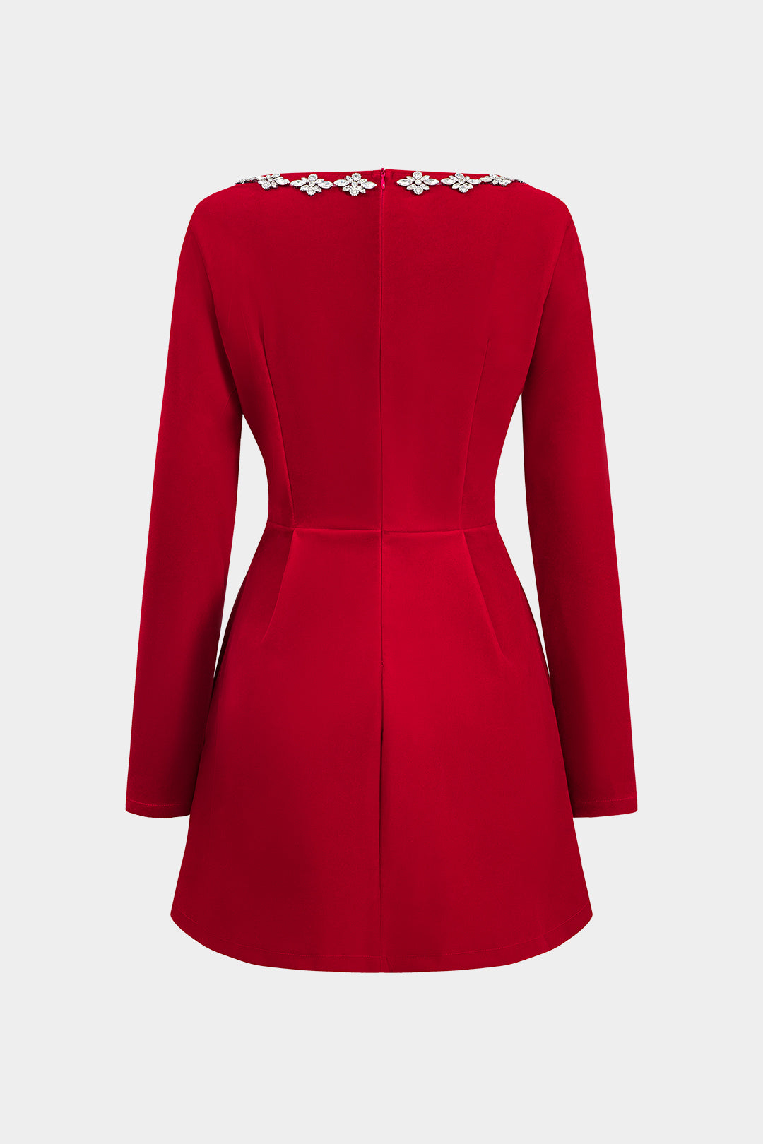 שמלת מיני עם שרוולים ארוכים וצוואר מרובע עם גימור קטיפה ואבני חן 