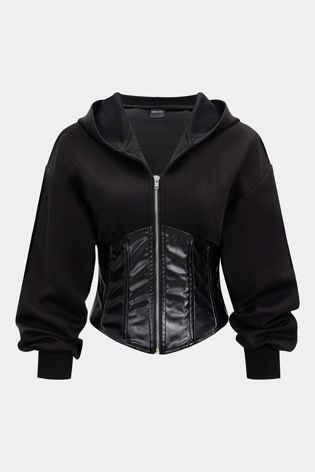 Faux Leather Patchwork Zipper Hoodie
