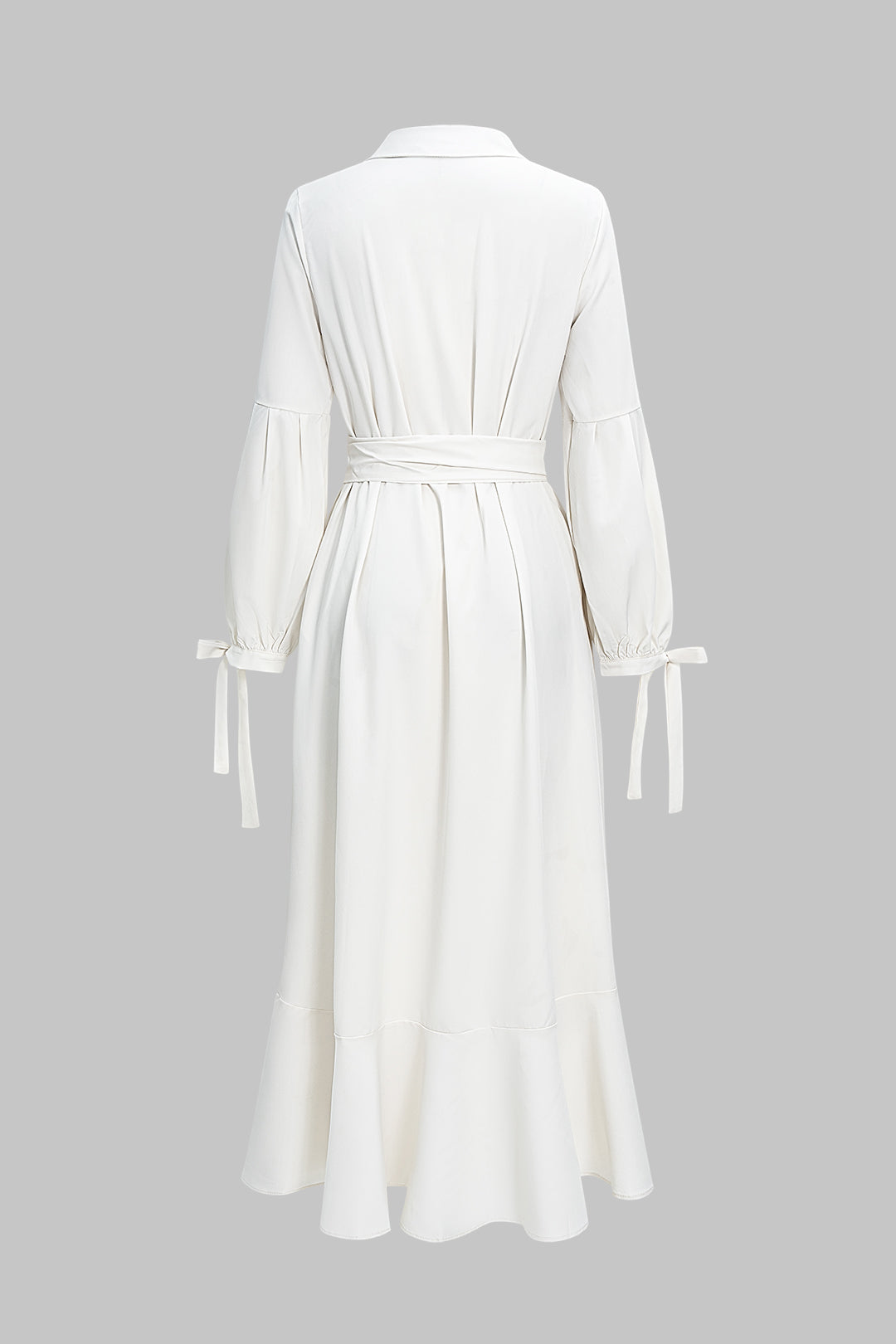 Solid V-Neck Belted Tie-Up Long Sleeve Maxi Dress
