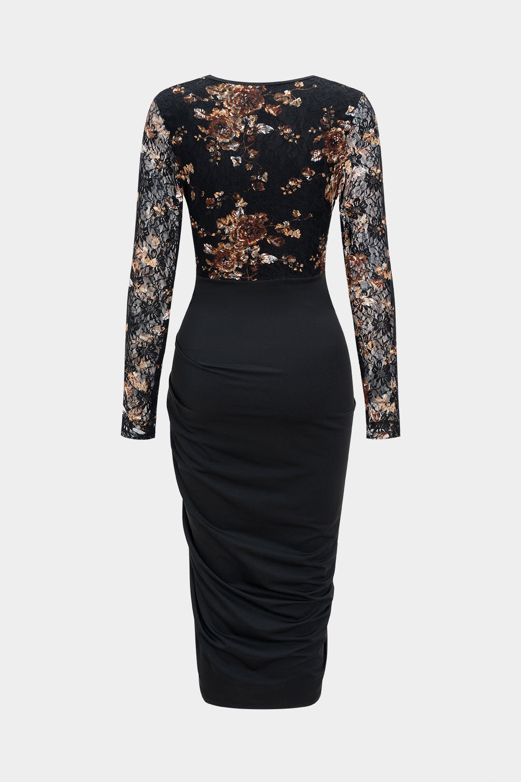Floral Print Lace Patchwork Long Sleeve Midi Dress
