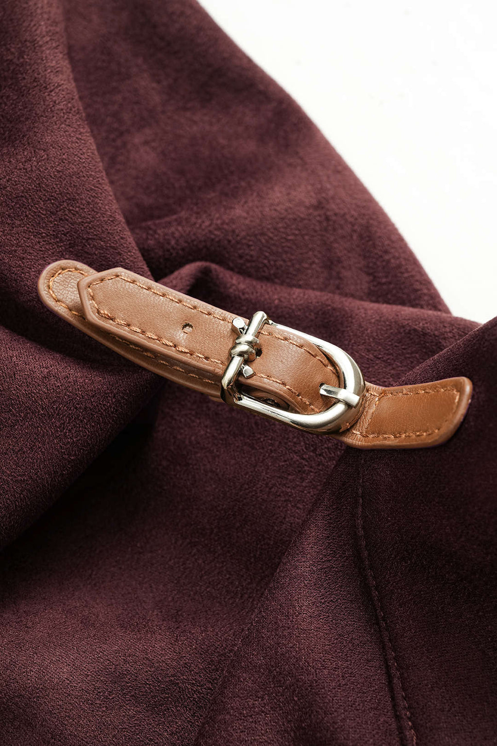 Suede Button Ruched V-Neck Long-Sleeve Shirt