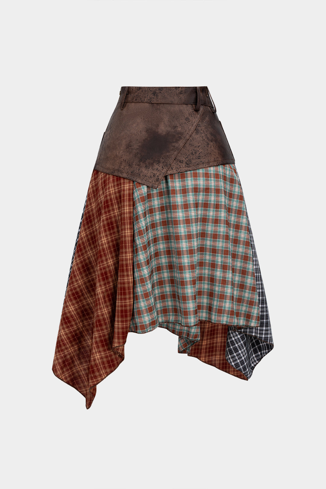 חצאית דמוית עור עם הדפס ניגודי משובץ וטלאים, מכפלת לא סדירה 