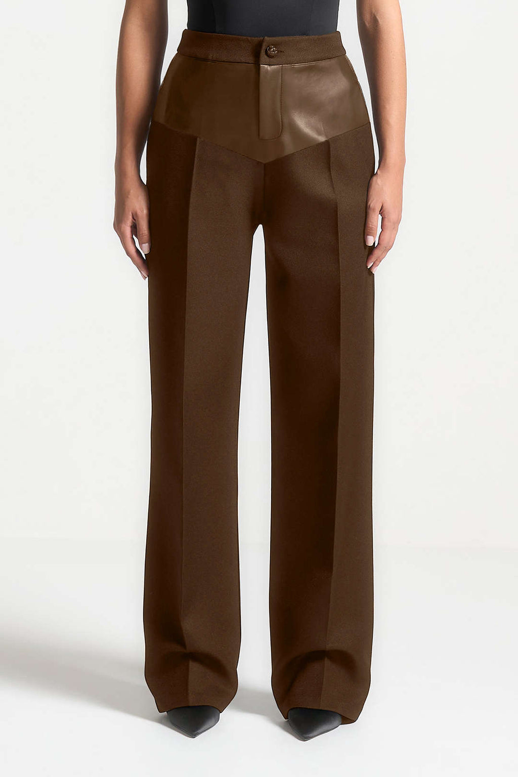 Pantalones Patchwork de Cuero Sintético Mujer Tiro Medio
