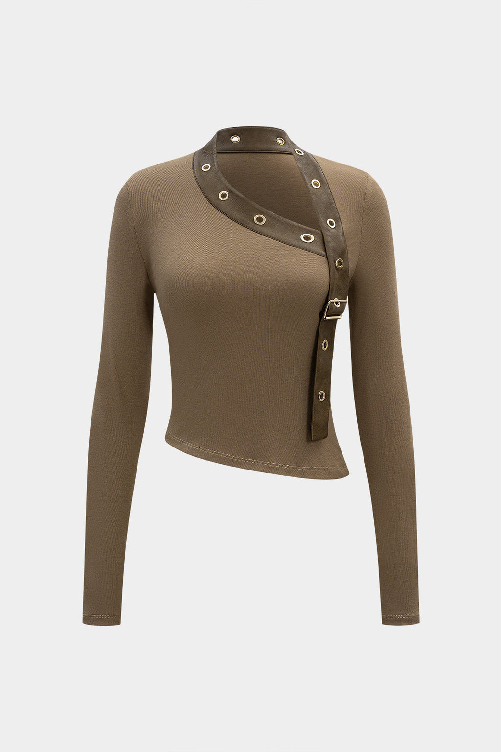 Faux Leather Metallic Asymmetrical Long-Sleeve Top
