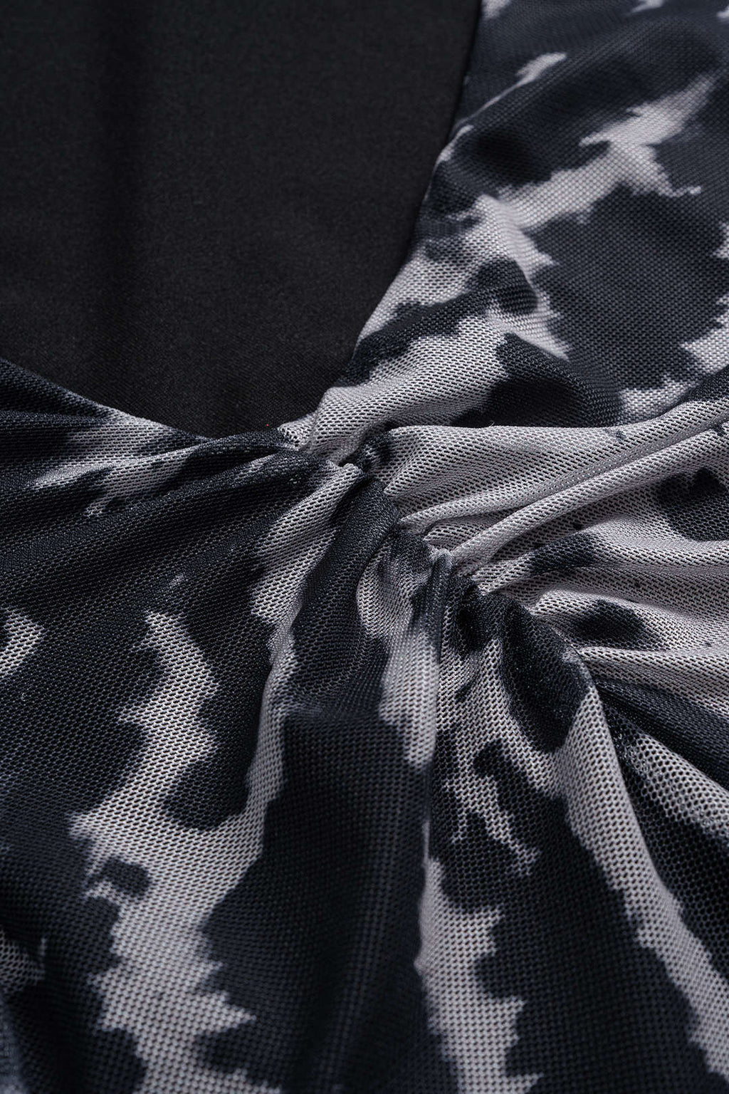 Contrast Print Mesh Ruched Long Sleeve Maxi Dress