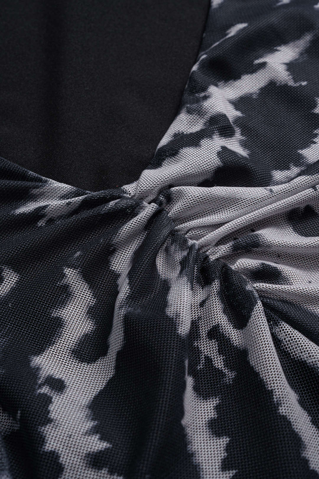 Contrast Print Mesh Ruched Long Sleeve Maxi Dress