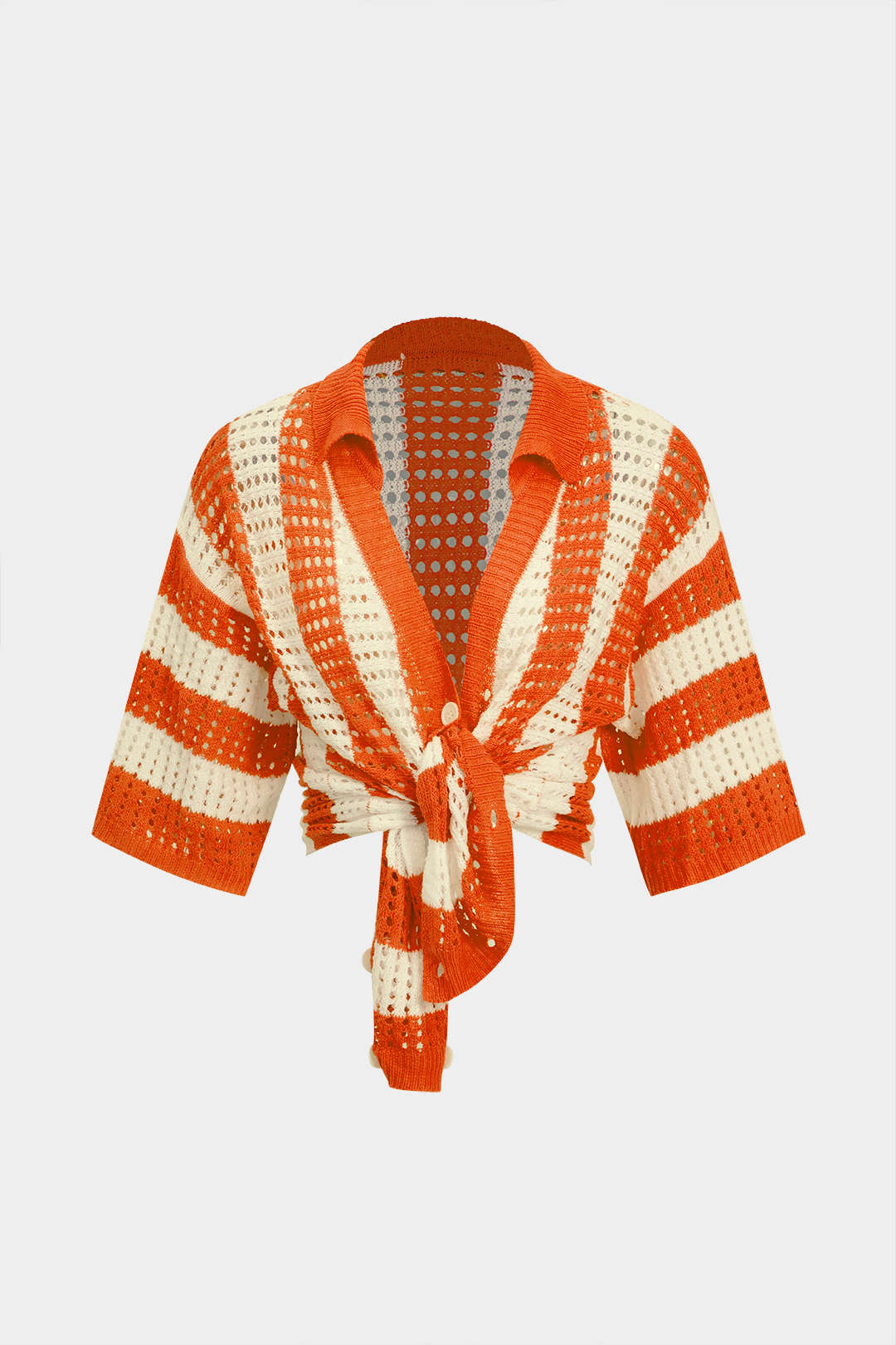 Conjunto Corto de Punto a Rayas Casual con Detalles Calados