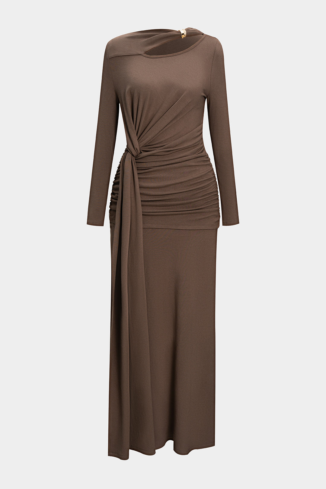 Metallic Ruched Asymmetrical Neck Long Sleeve Maxi Dress