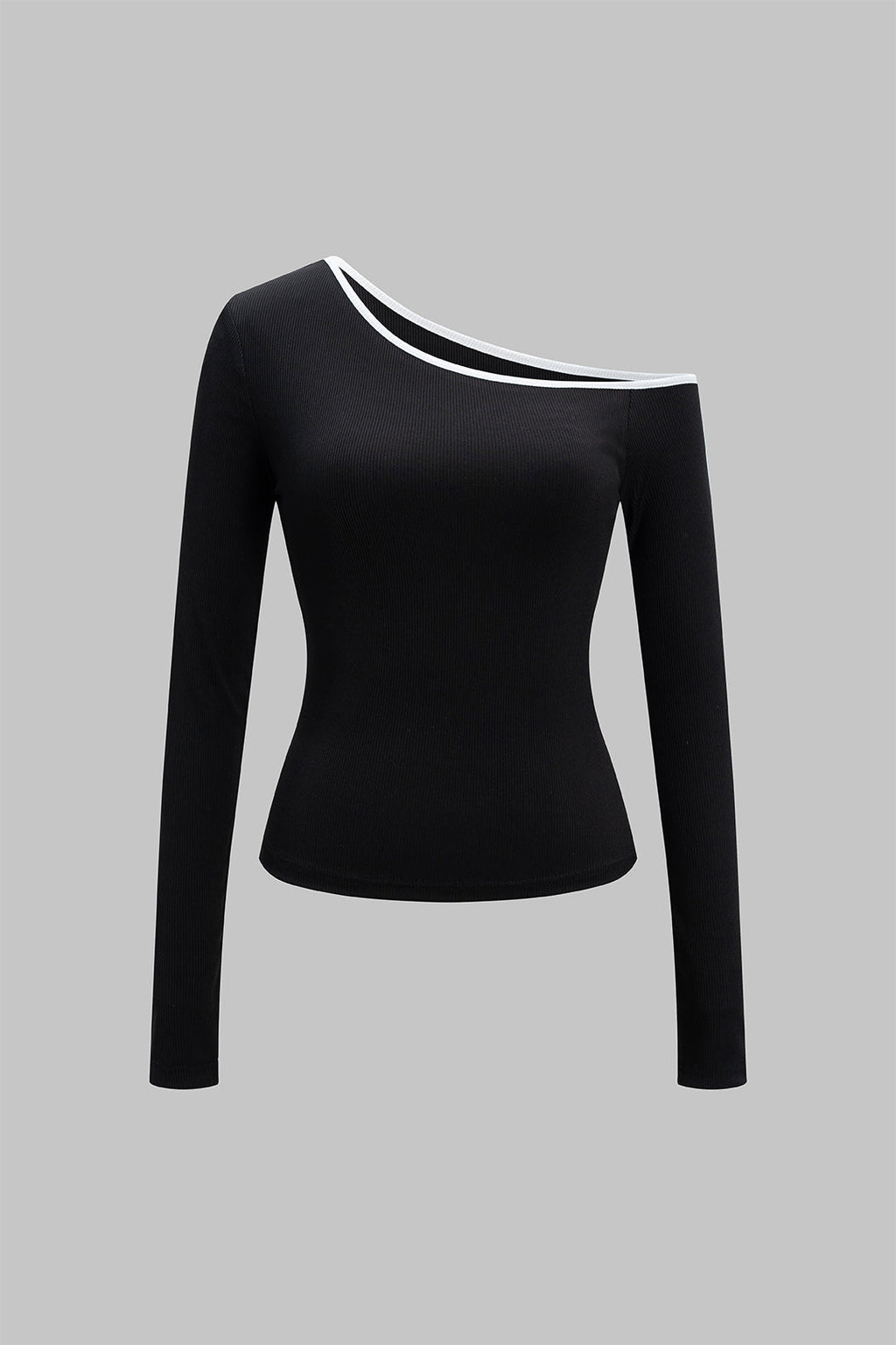 Asymmetrical Neck Contrast Long-Sleeve T-Shirt