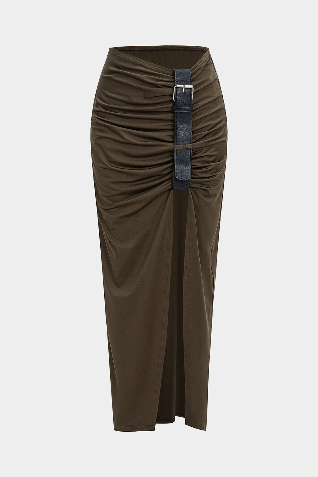 חצאית עם שסע צדדי וקשירה בחגורת עור 