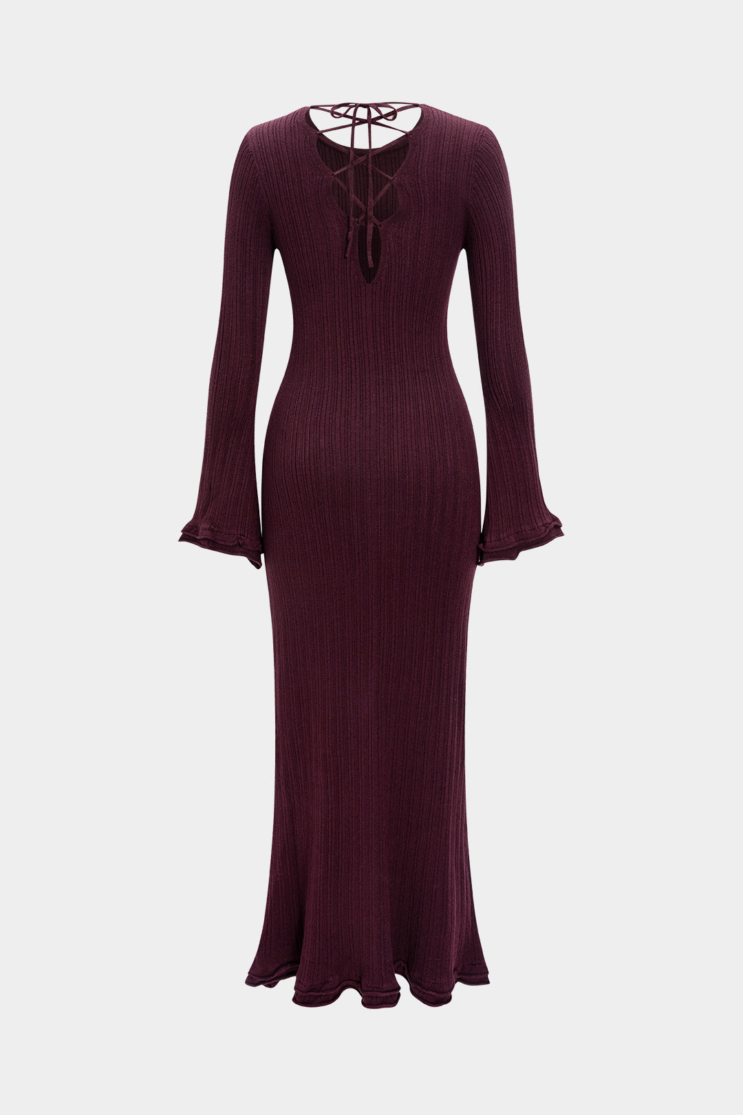 Knit Round Neck Tie-Back Scallop Edge Long Sleeve Dress