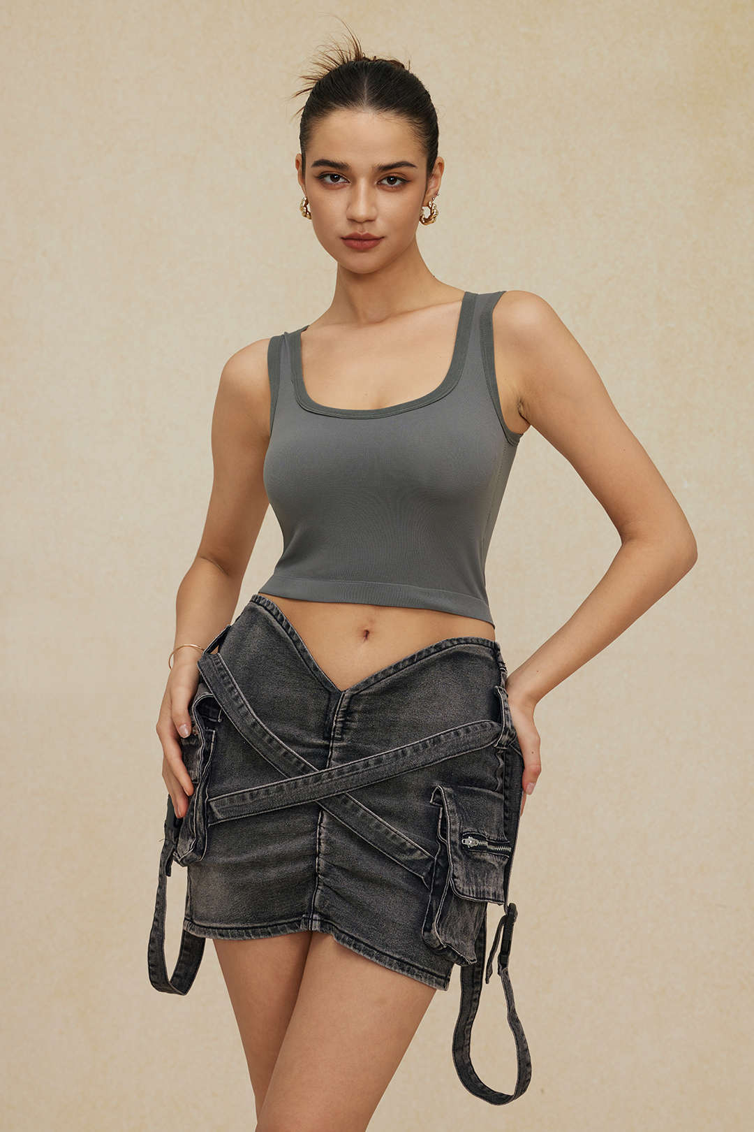 Falda Denim Cargo Cintura Elástica Con Bolsillos Clásica