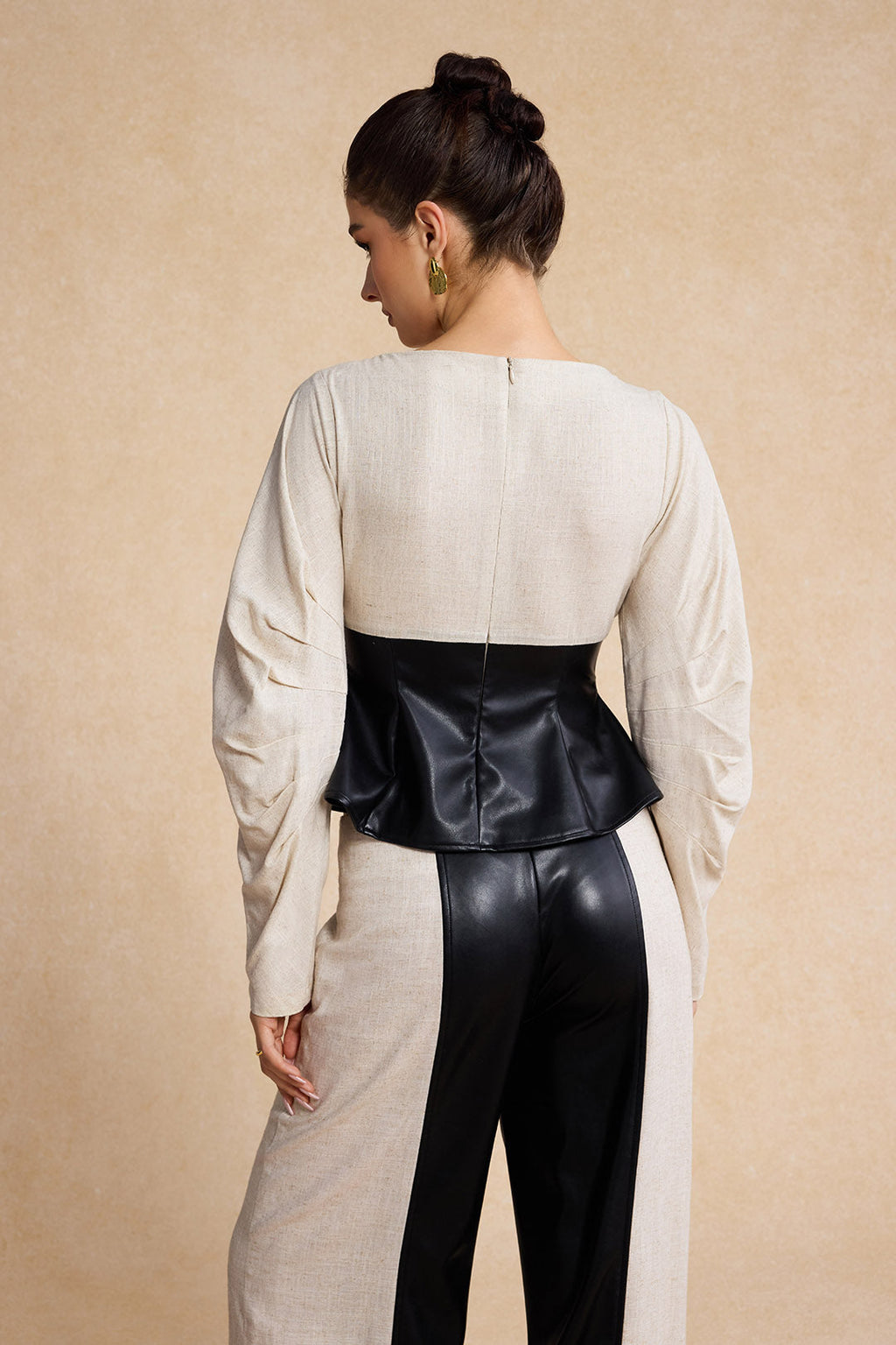 Linen Faux Leather Patchwork Long-Sleeve Shirt