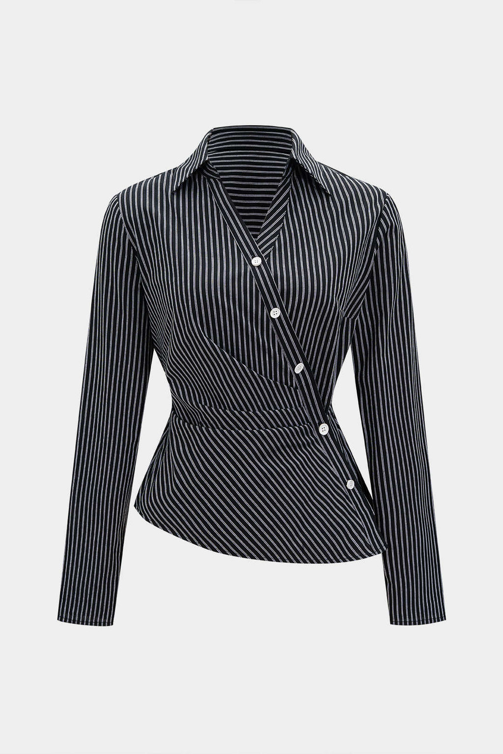 Stripes Print Asymmetrical Button Long-Sleeve Shirt