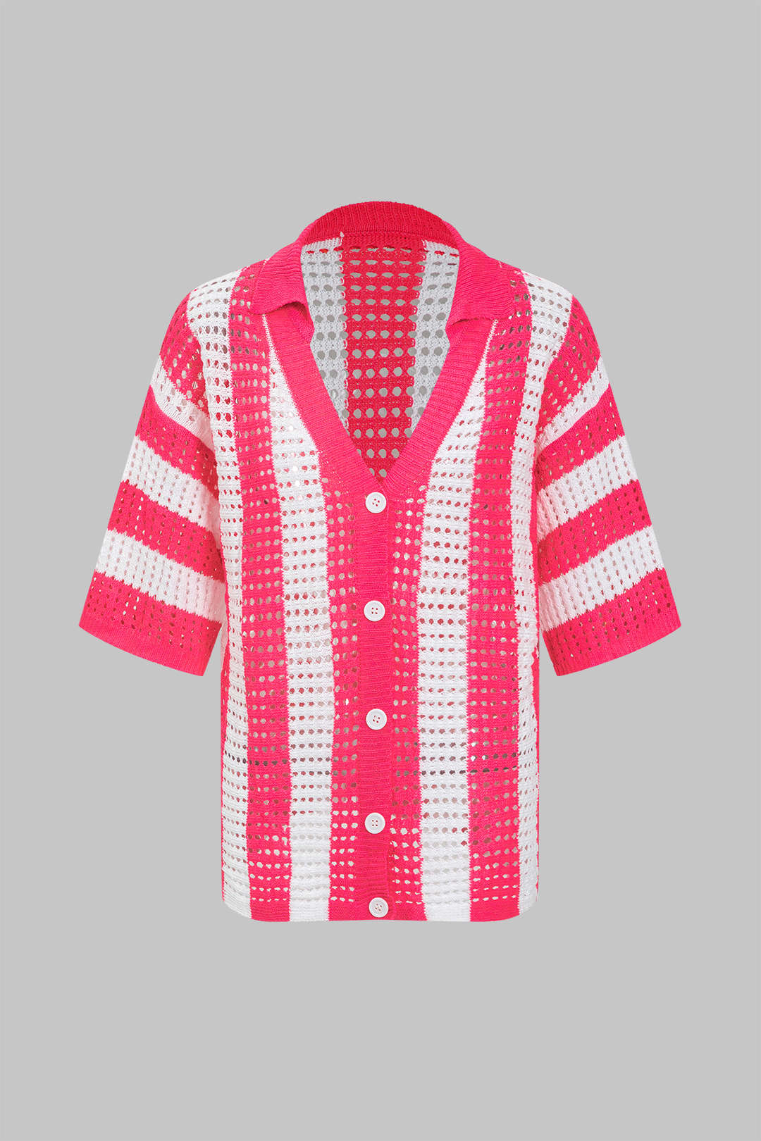 Conjunto Corto de Punto a Rayas Casual con Detalles Calados