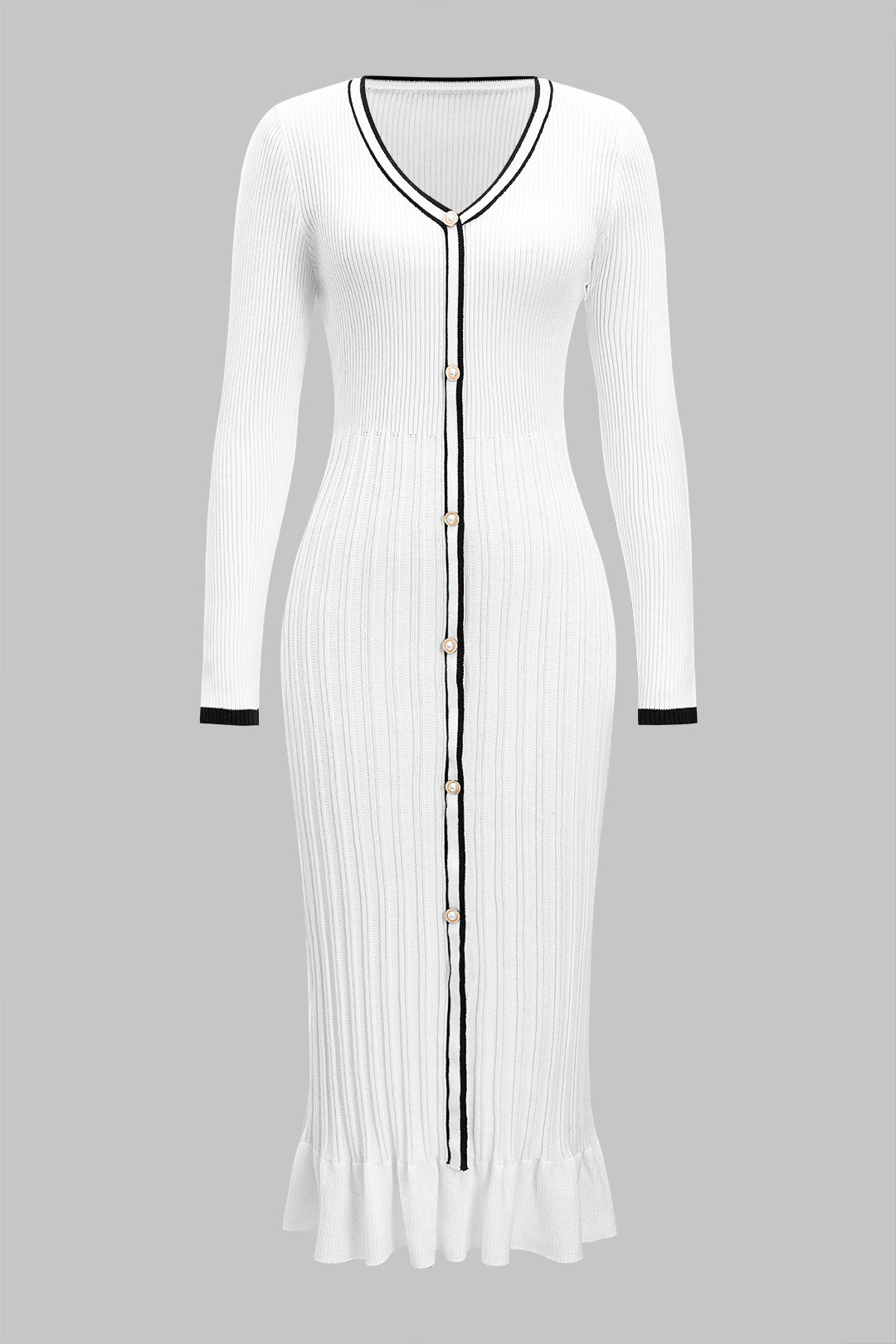 שמלת מידי סריג עם כפתורים ושרוולים ארוכים 