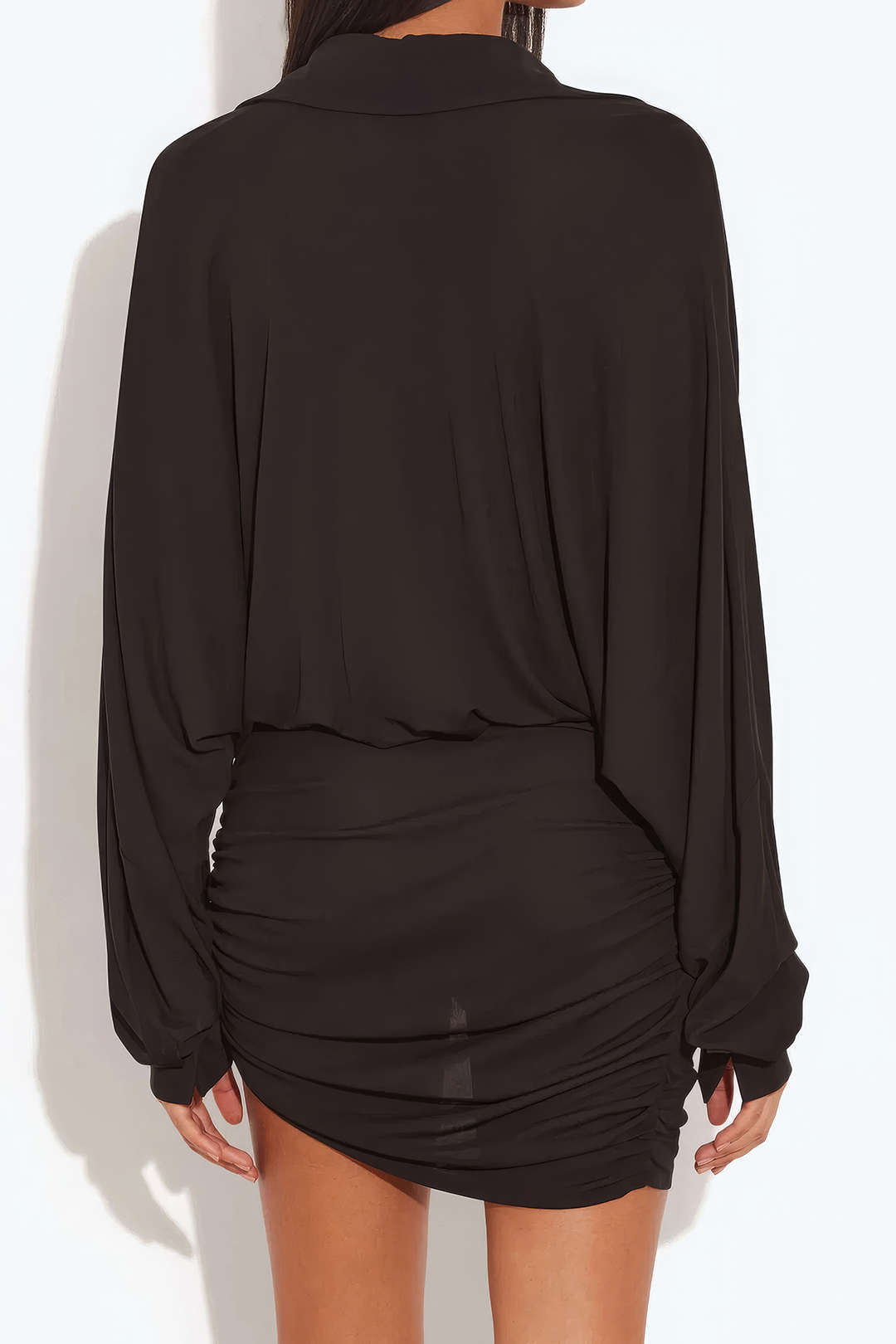 Ruched Deep V-Neck Asymmetrical Long Sleeve Mini Dress