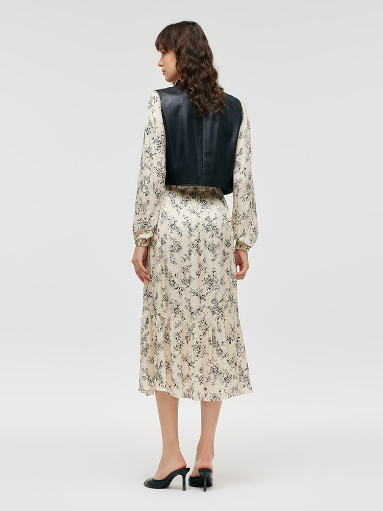 Conjunto Chaleco Eco Cuero Vegano y Vestido Midi Floral