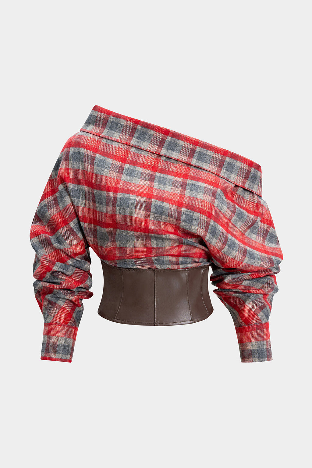 Plaid Print Faux Leather Asymmetrical Neck Long-Sleeve Shirt