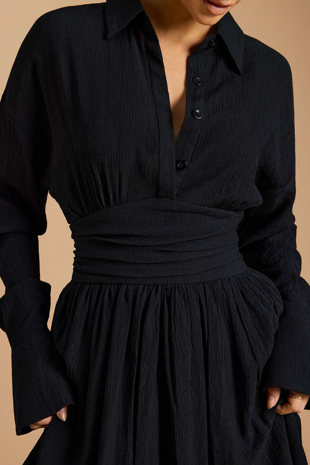 Button Ruched Long Sleeve Mini Dress