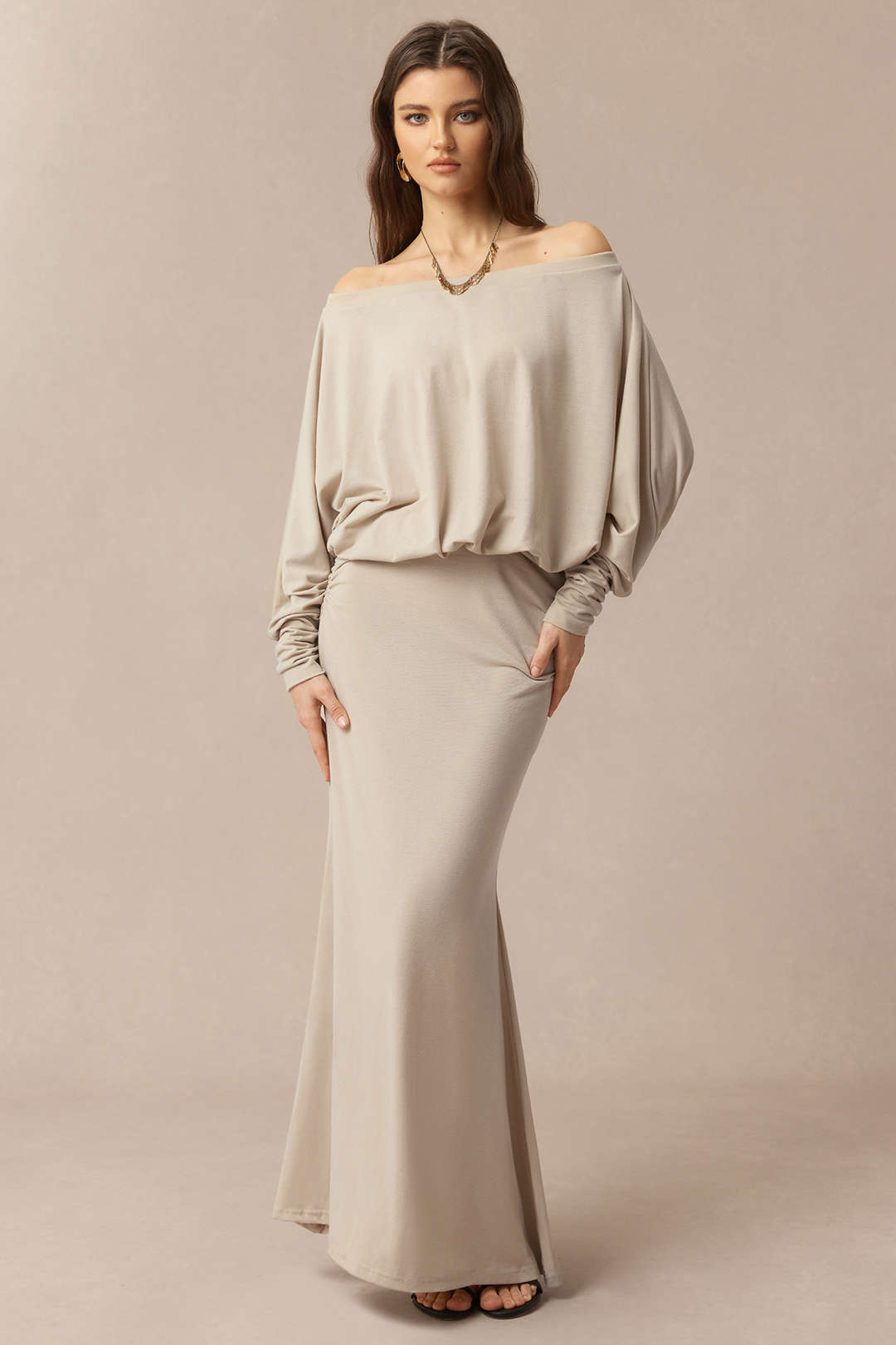 Off Shoulder Ruched Long Sleeve Maxi Dress