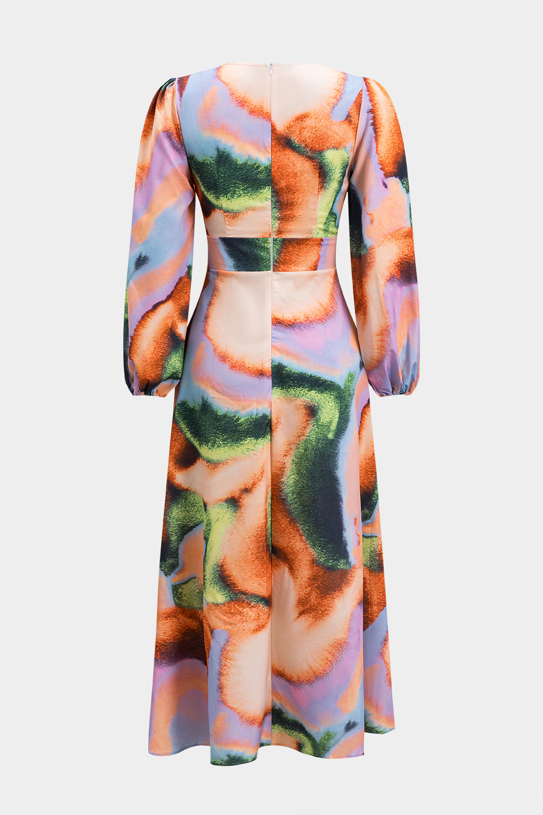 שמלת מידי עם צווארון V וגזרה ארוכה בהדפס צבעי מים 