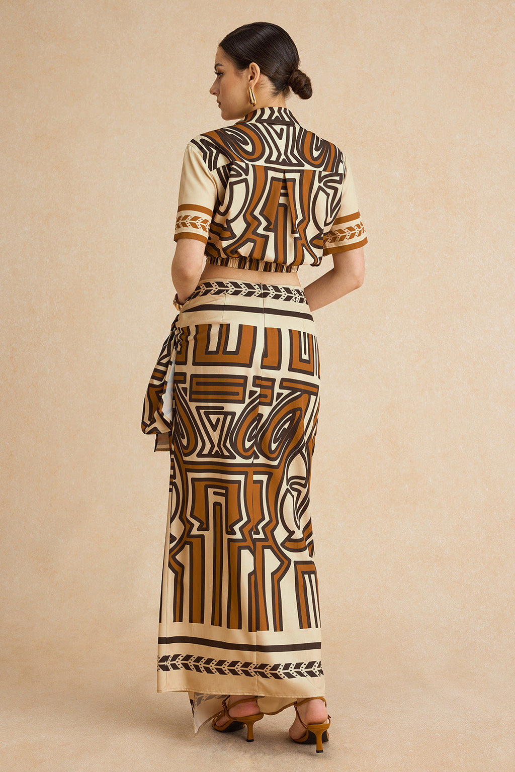 Abstract Geometric Bohemian Print Ruched Tie Front Twist Knot Zipper Skirt