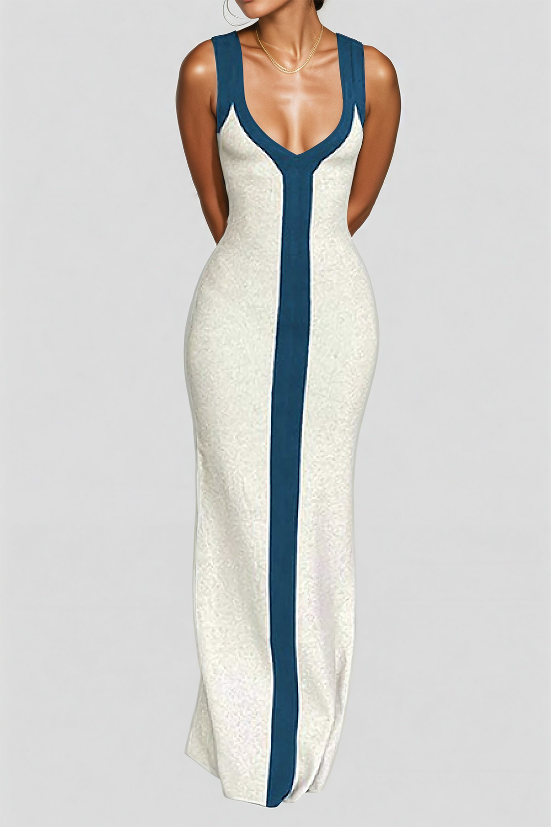 Vestido Maxi Color Block Con Escote En V Y Ribbed Elegante