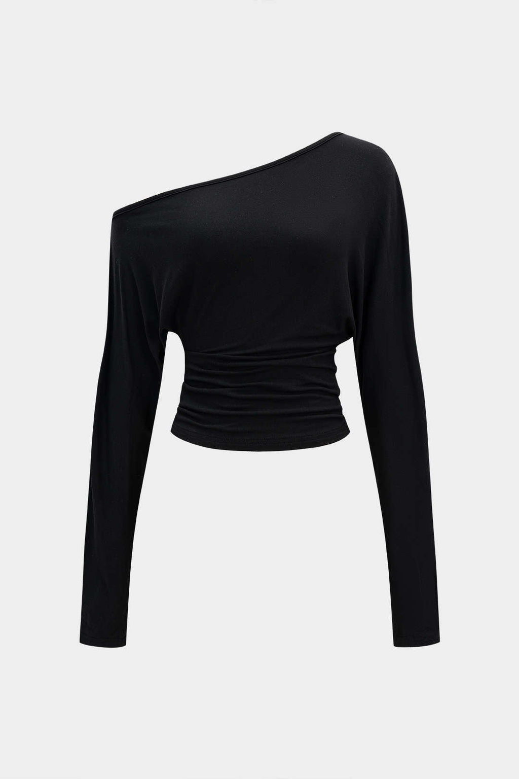 Cut Out Asymmetrical Neck Ruched Long-Sleeve Top