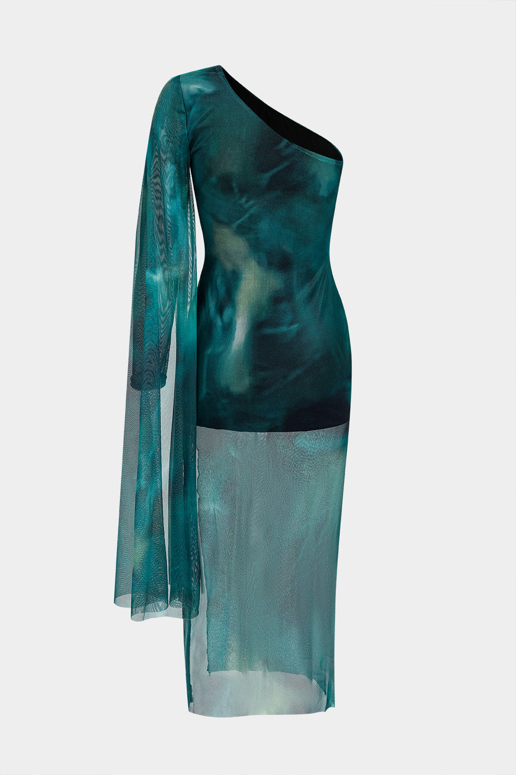 Tie Dye Mesh One Shoulder Slit Midi Dress