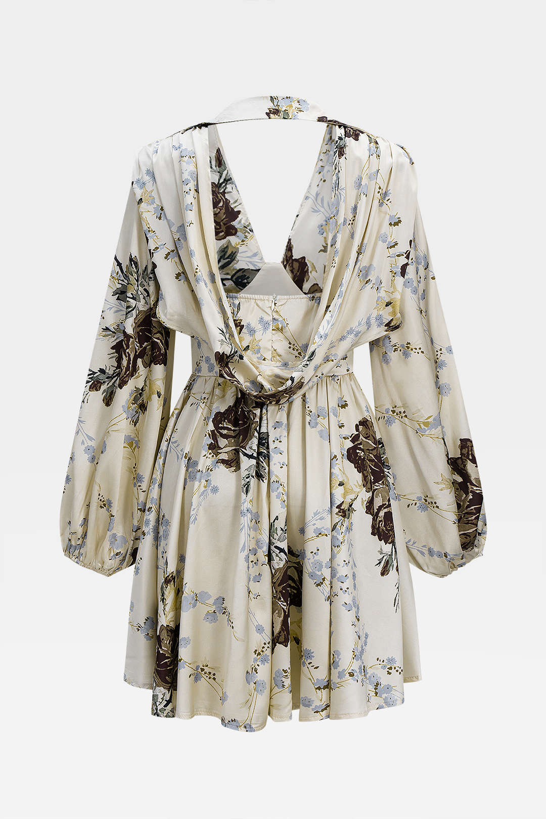 שמלת מידי עם שרוולים ארוכים וצווארון V, הדפס פרחוני וקשירה סאטן 