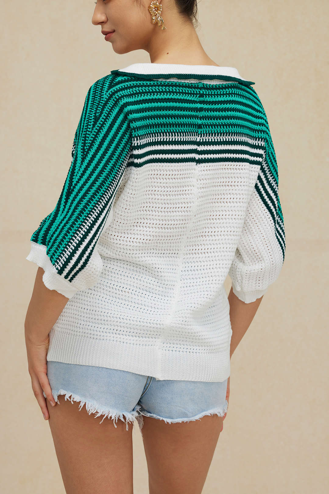 Blusa Crochet Contraste Manga Corta Mujer Elegante