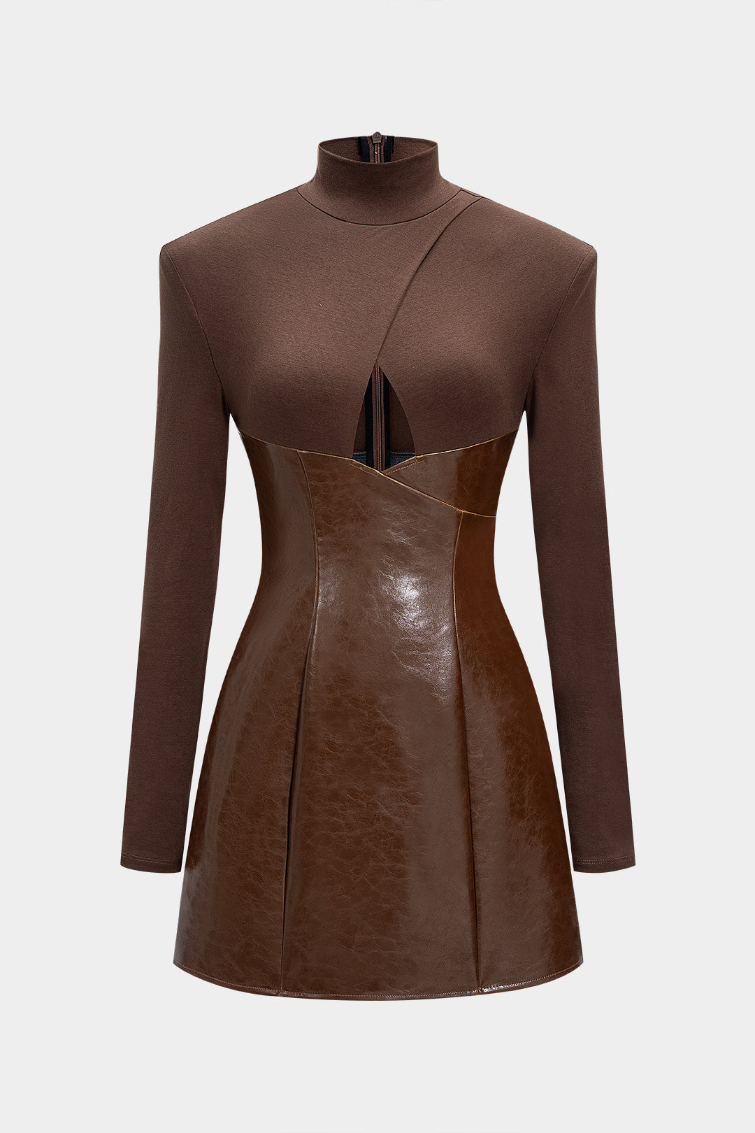 שמלת מיני עם צווארון דמוי עור וטלאים עם מחשוף ארוכות 