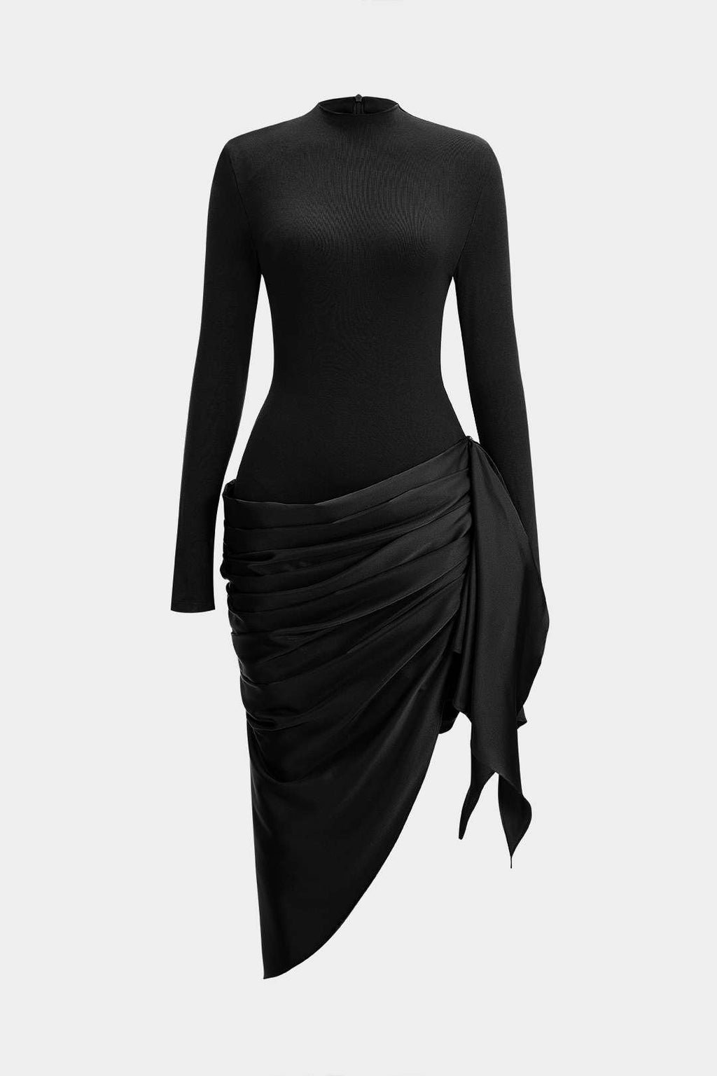 שמלת מידי אסימטרית עם טלאים מבד סאטן ושרוולים ארוכים 